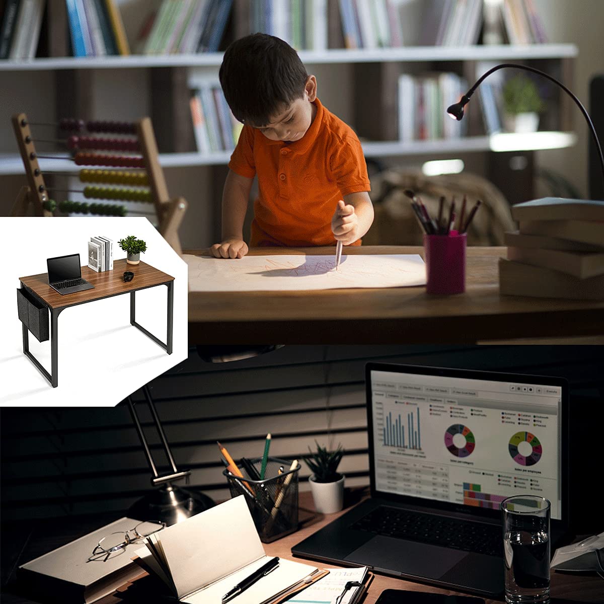 Computer Desk, 47" Study Writing Table with Headphone Hook Storage Bag for Home Office Students, Ind