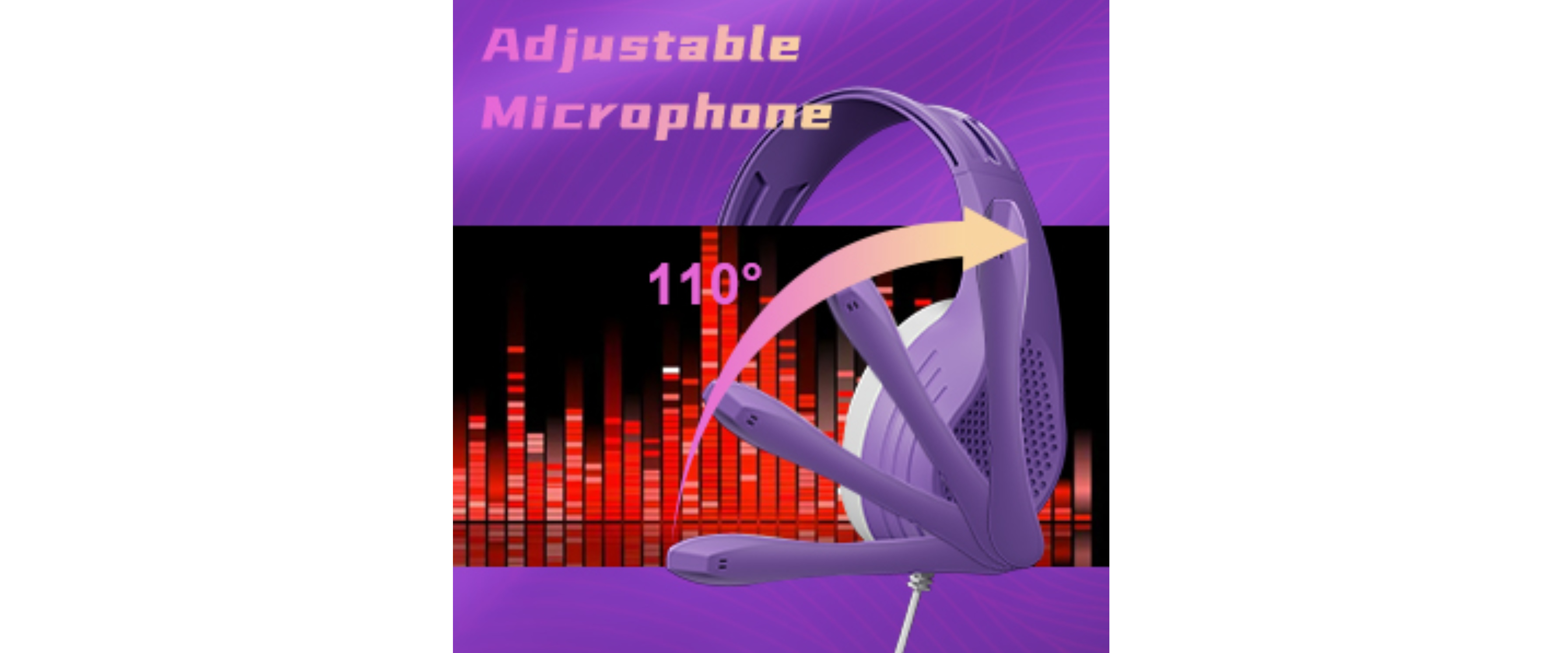Purple headset, 110° adjustable microphone, audio spectrum