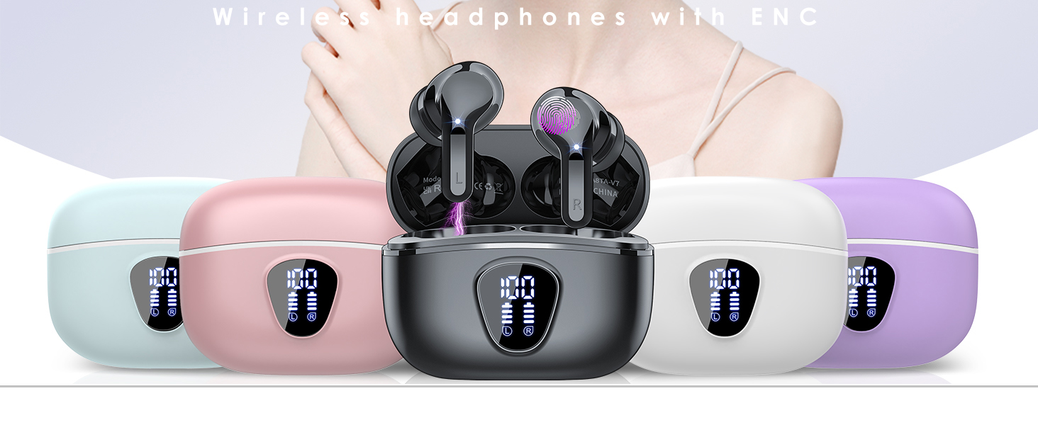 Wireless Earbuds, Bluetooth 5.3 Headphones HiFi Stereo, Bluetooth Earbuds with ENC Noise Cancelling
