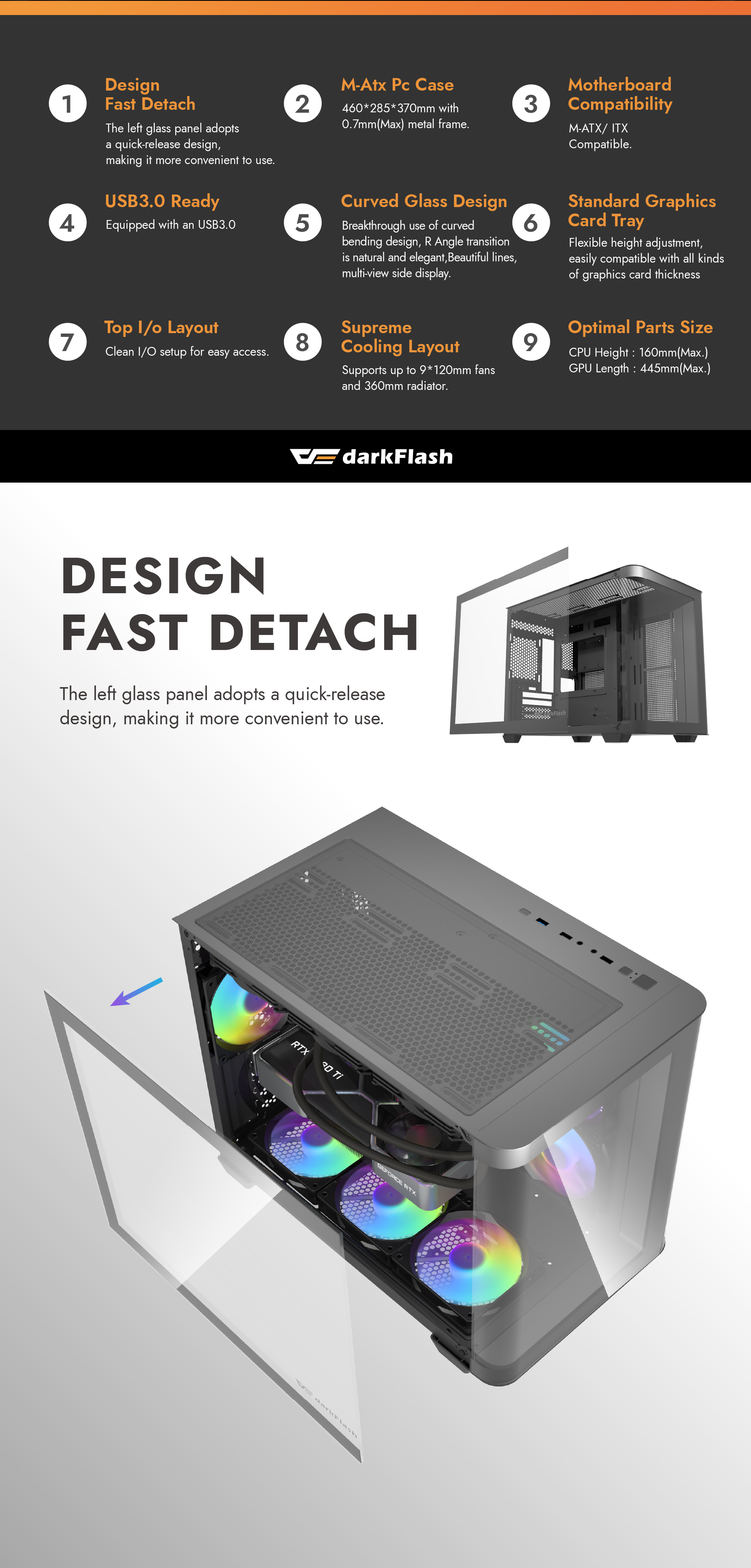 darkFlash DPW90M,Micro-ATX PC Gaming Case,3×Pre-Installed ARGB PWM Fans