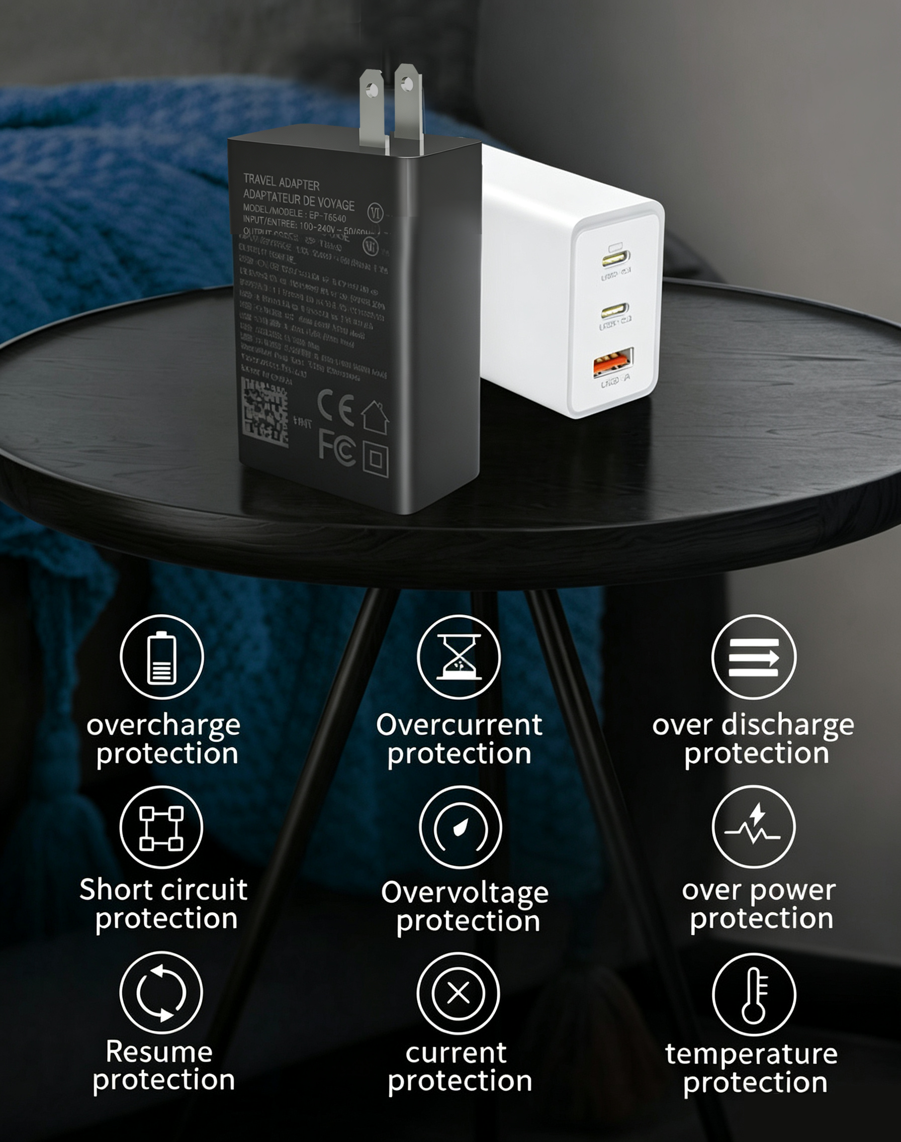 USB C Charger, 65W 3 Port Foldable USB C Wall Charger, PD 3.0 Fast GaN Charger Block Compatible for