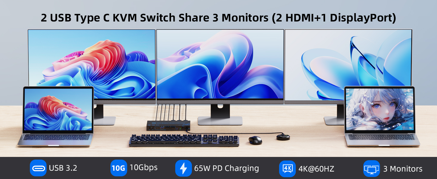 KVM Switch 3 Monitors 2 Laptops 4K@60Hz, USB C KVM Switcher with PD Charging Function