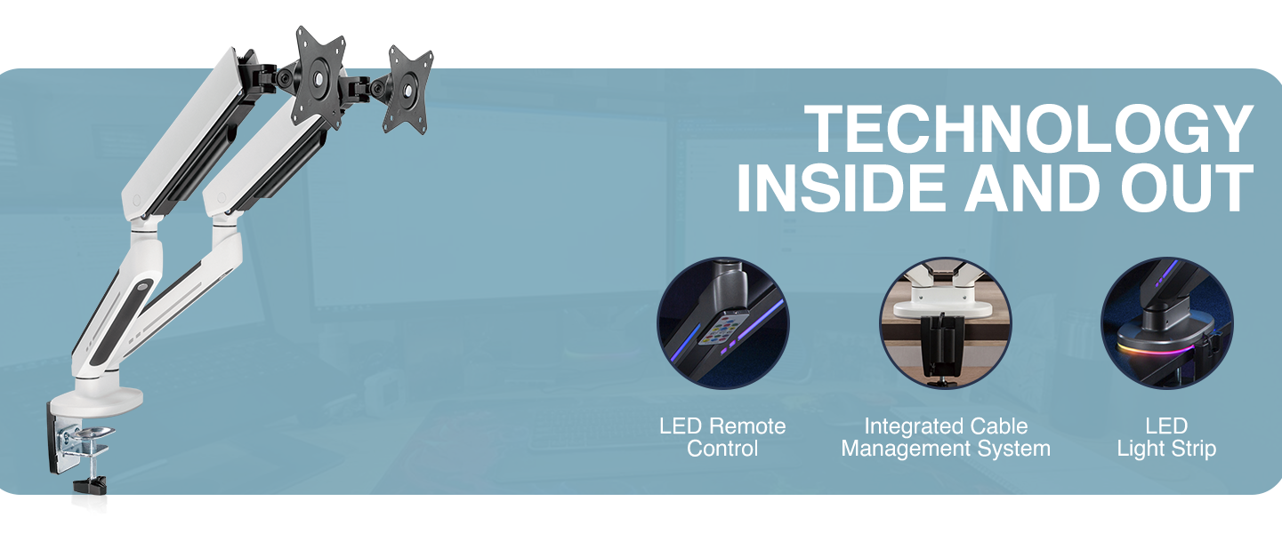 dual LED monitor arm, screen mount with lighting, mechanical spring monitor stand