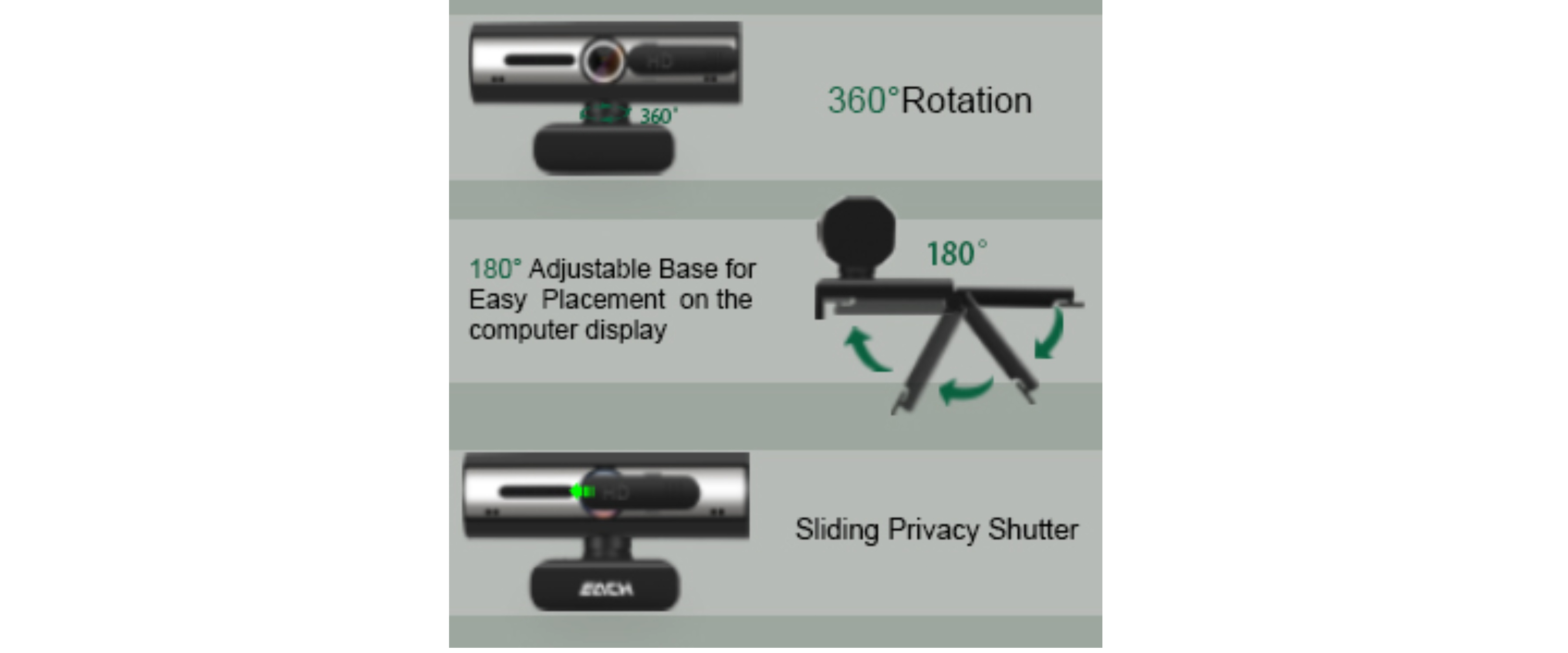 360 rotation webcam,180 adjustable base, sliding privacy shutter, webcam mounting clip