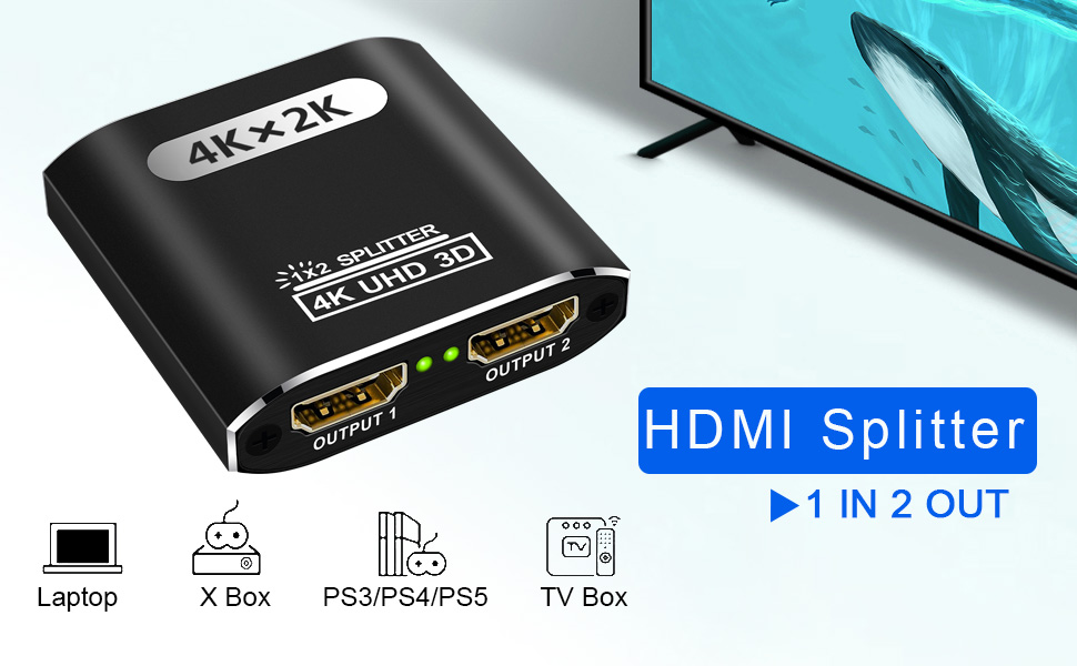 Hitoor HDMI Splitter 1 in 2 Out, 4K HDMI Splitter for Dual Monitors Supports 3D Full HD 1080P Alumin