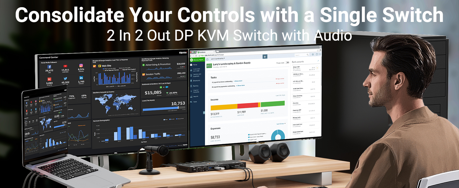 DP KVM Switch 2 Monitors 2 Computers Displayport with Audio, 8K@30Hz 4K@144Hz USB 3.0 Dual Monitor D