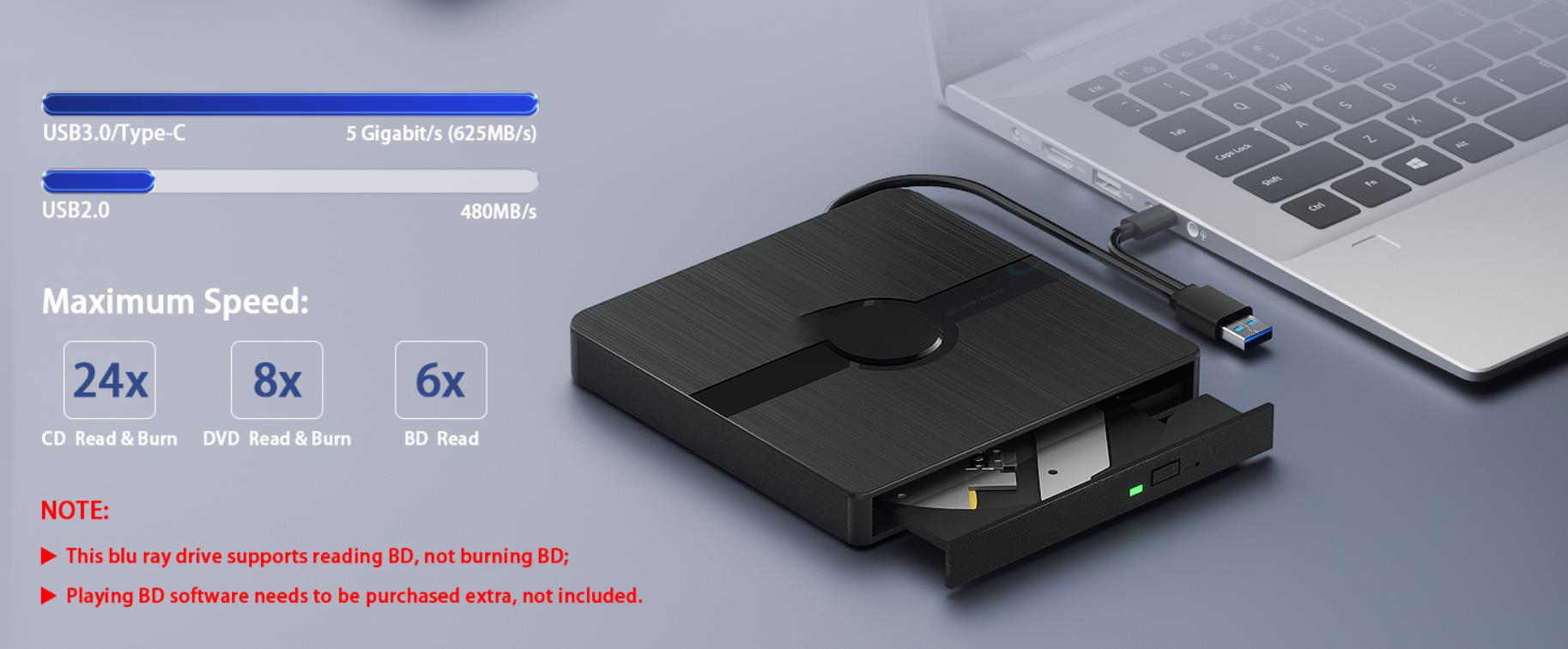 External Blu Ray Drive, BD Player with Read/Write Capability Portable Blu-ray Player with USB 3.0 an