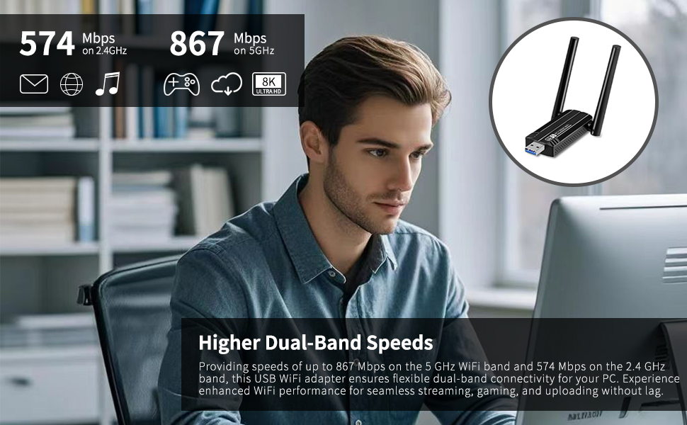 Hitoor 1300Mbps USB 3.0 WiFi Adapter, Dual Antennas 5G/2.4G AC1300 Wireless Adapter WiFi Network