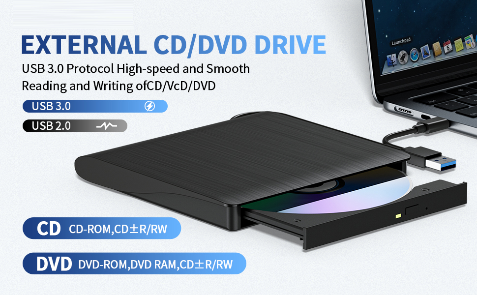 External CD/DVD Drive for Laptop, USB 3.0 & Type-C External CD DVD Burner, Portable DVD Player for L