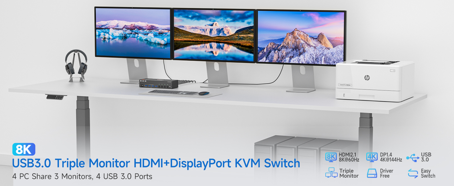 KVM Switch for 3 Monitor 4 Computers