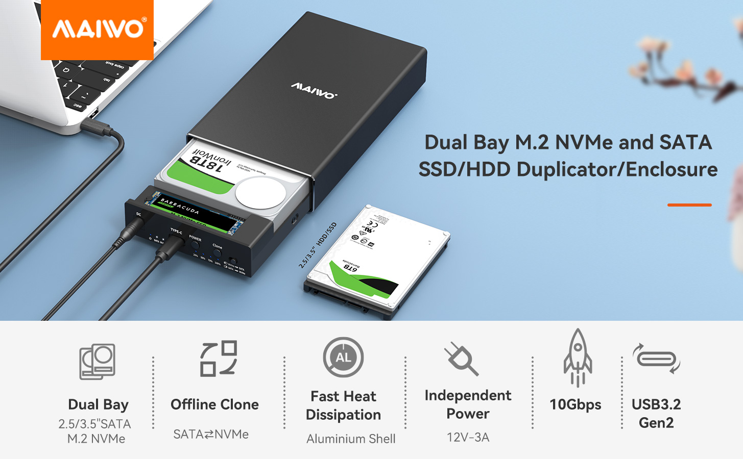 dual bay M.2 NVMe and 3.5 SATA SSD enclosure duplicator