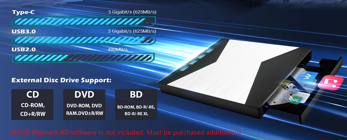 Package Including: 1*External Blu ray Drive 1*User Manual 1*DC Power Supply Cable