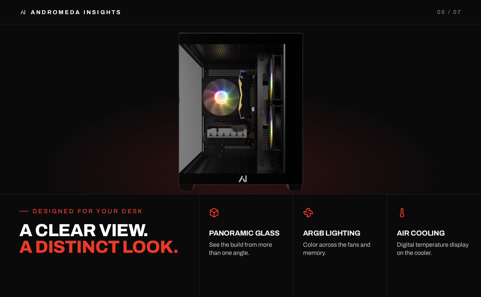 Spectra case with panoramic glass, ARGB lighting and tower air cooler with digital display