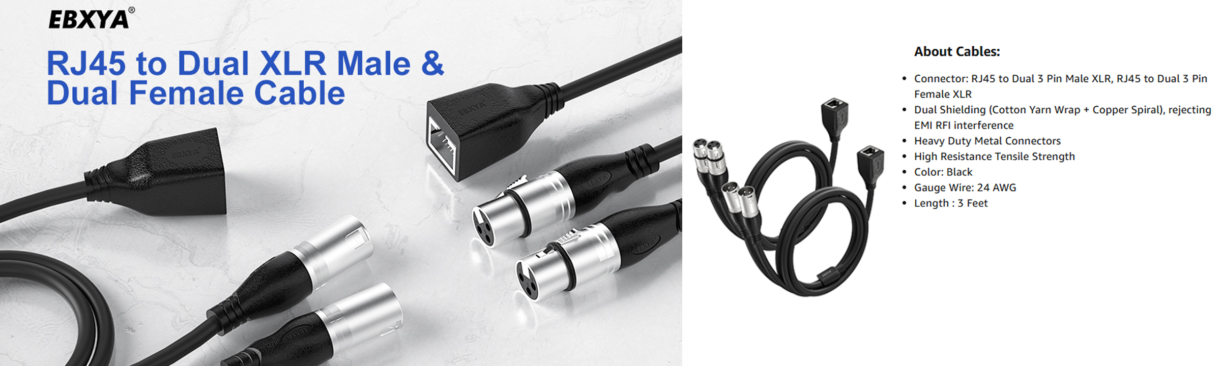 Connector: RJ45 to Dual 3 Pin Male XLR, RJ45 to Dual 3 Pin Female XLR