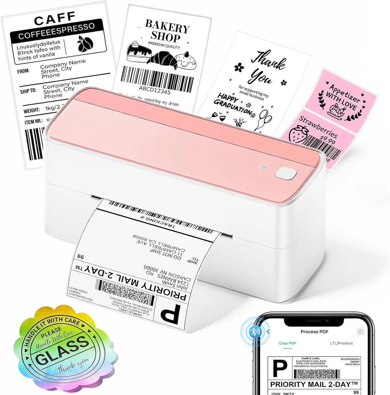 Bluetooth 4x6 Thermal Shipping Label Printer White pink