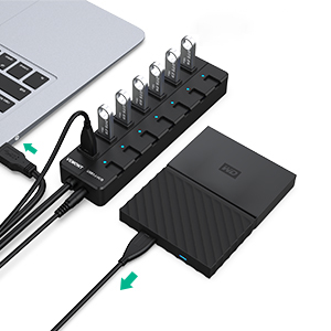 7-Port USB 3.0 Hub, Independent Switch LED indicators, High Speed Data USB3.0 Splitter Hub