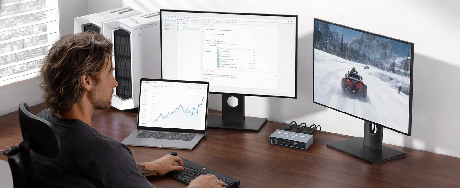 8K Dual Monitor KVM Switch, DisplayPort HDMI KVM Switch 2 Monitors 2 Computers, 4 USB 3.0 Ports
