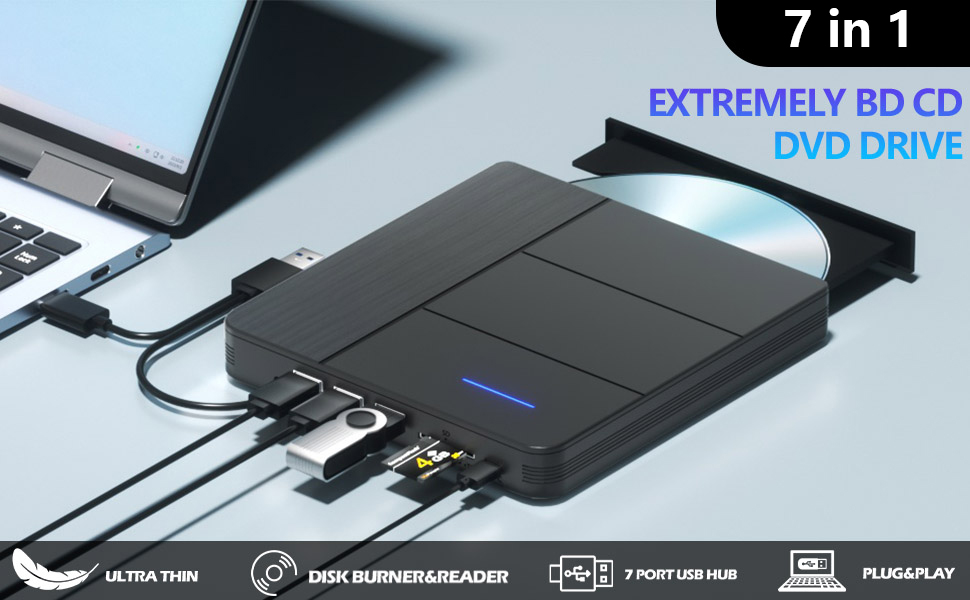 IHDAPP 7 in 1 External Blu-ray Drive with 4 USB Port & TF/SD Card Slots, Support 100G Read & Write,