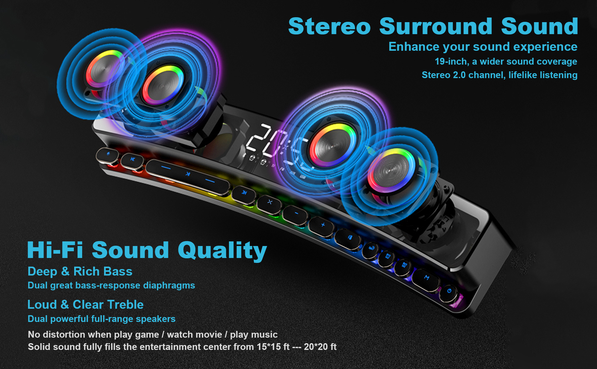 Loud clear RGB Hi-Fi sound quality stereo 2.0 computer soundbar