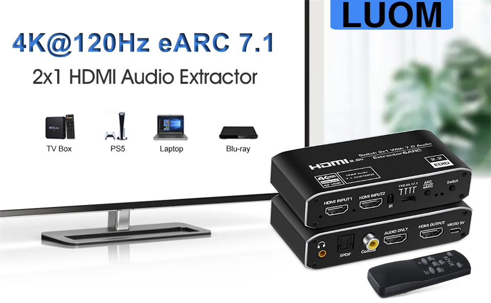 2x1 4K HDMI Switch eARC Audio Extractor With ARC & Optical Toslink HDMI 2.0  Switch 4K 60Hz HDMI Switcher Remote for Apple TV PS4
