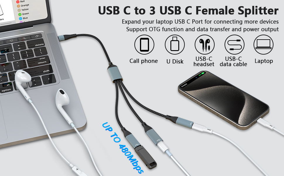 USB C Splitter, USB C to 3 USB C Female Cable USB C Headphone Converter USB C to USB C OTG Splitter