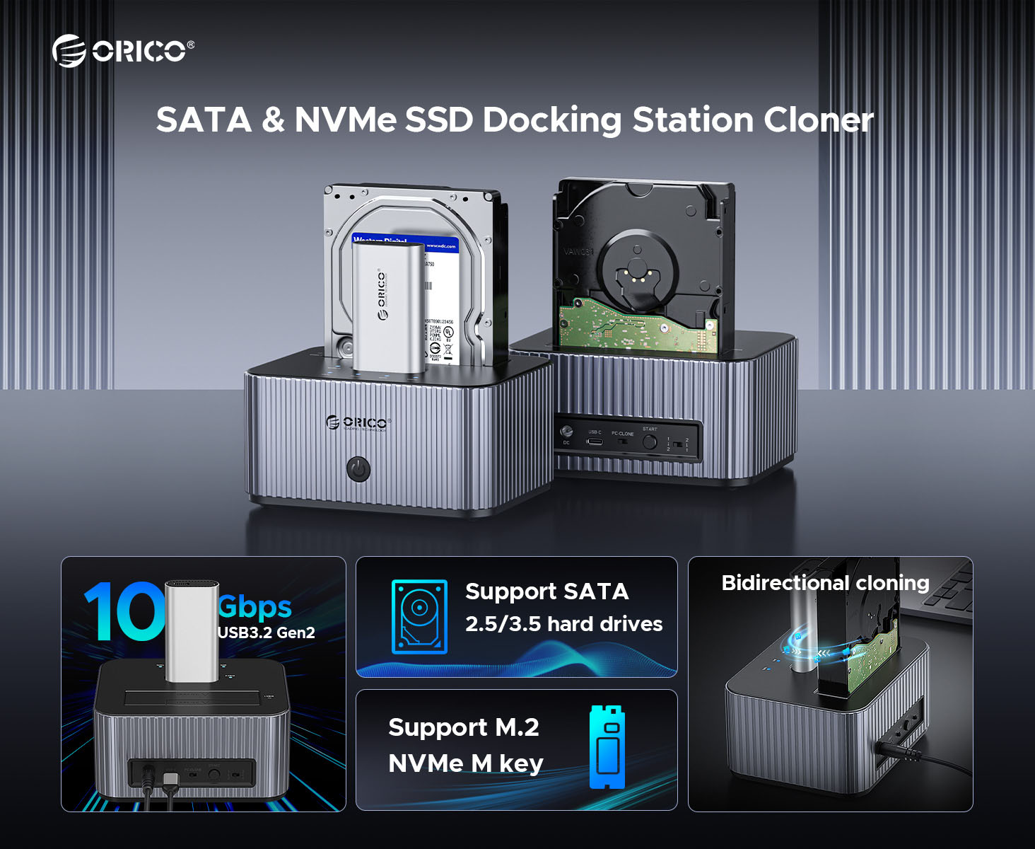 ORICO USB C Docking Station for NVMe M.2 PCIe and SATA 2.5/3.5 Inch SSD & HDD with Offline Cloning-I