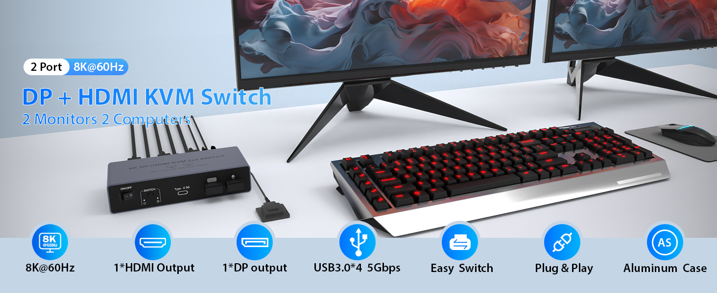 HDMI+DisplayPort Dual Monitor KVM Switch for 2 Computers 2 Monitors, Aluminum 8K@60Hz KVM Switch for