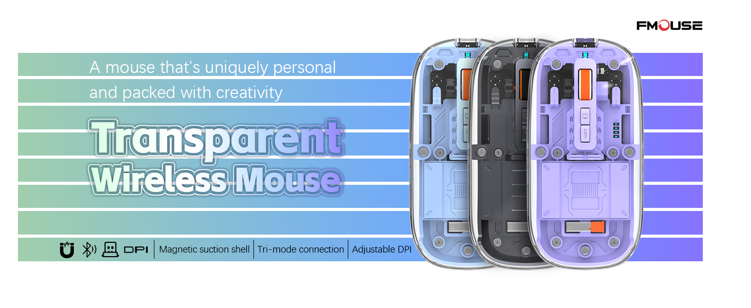 Modern Transparent Mouse, Slim Wireless Mouse - Magnetic Shell Design, Triple-Mode (Dual Bluetooth +