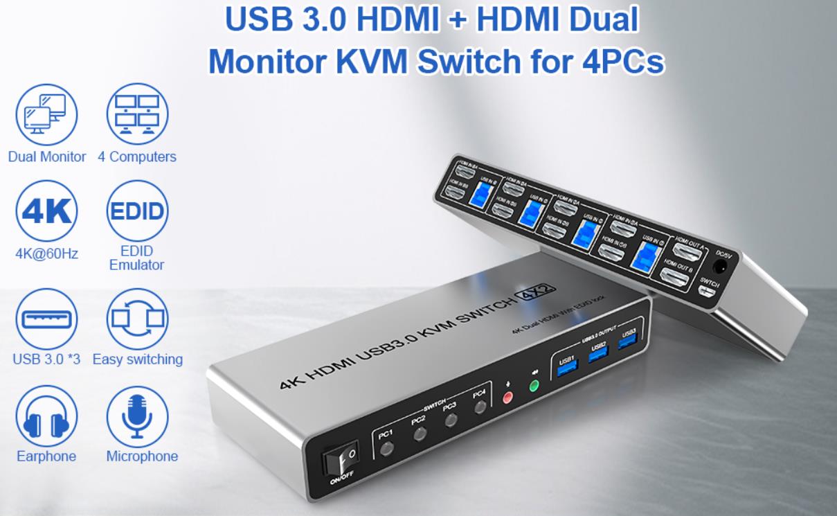 USB 3.0 4 Port HDMI + HDMI Dual Monitor KVM Switch 4K@60Hz for 4 Computers  Product Features:  4 com