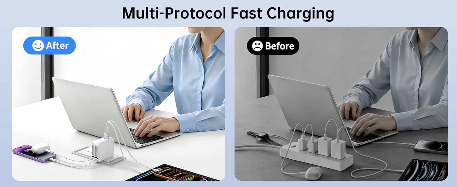 4-in-1 Retractable USB C Wall Charger, Fast Charging USB C & Light-ning Cable USB C & USB A Ports, 4