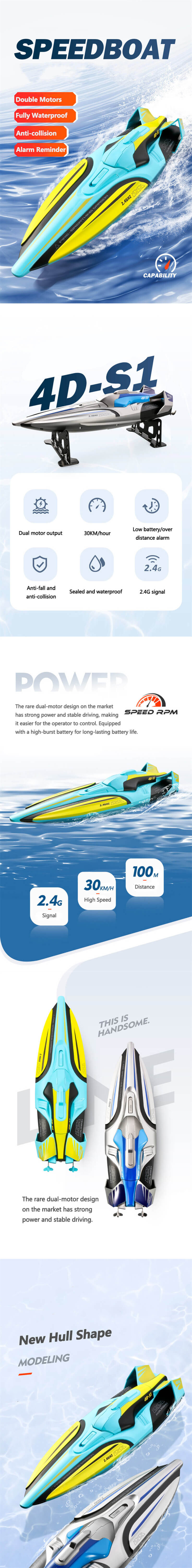 4DRC S1 RC Boats 30 KM/H High Speed Racing Speedboat 2.4G Remote Control Ship Kids Toys