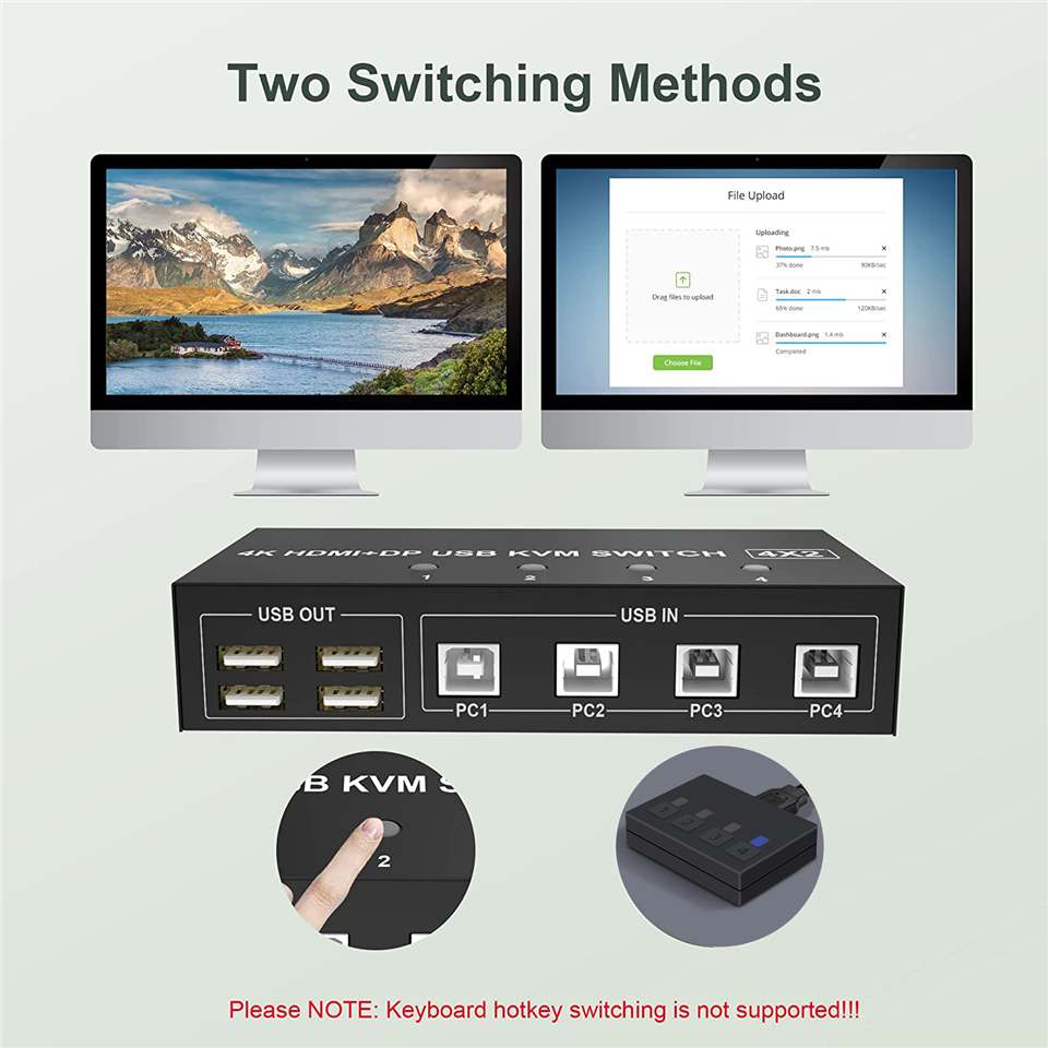 Two Switching Methods Push Button of KVM switch itself  Wired Remote