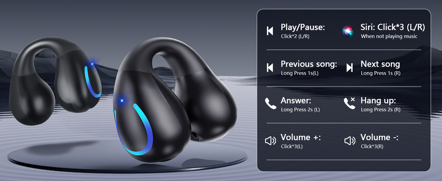 Open Ear Bone Conduction Headphones Bluetooth 5.3 Wireless Open Clip Ear Earbuds Built-in Mic
