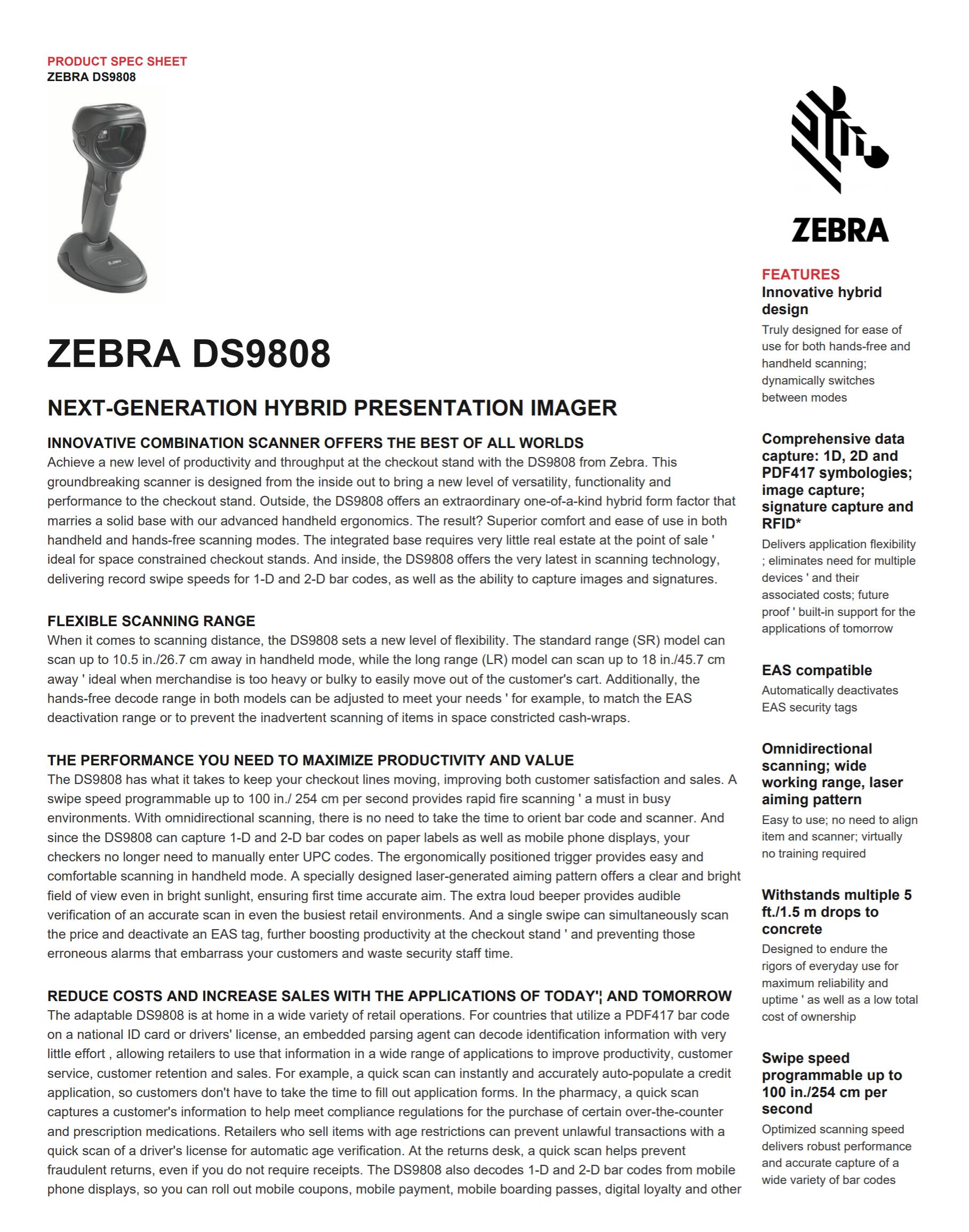 Zebra (Motorola/Symbol) DS9808-SR Barcode Scanner, Standard Range