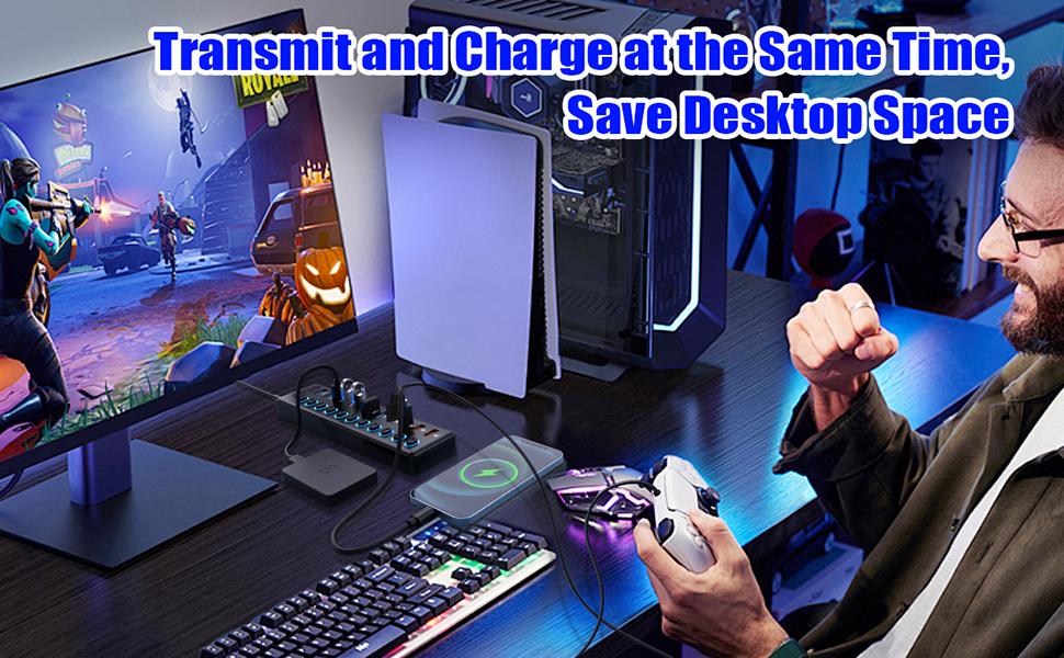 11 Port USB Hub 3.0, Powered USB Splitter Includes 7-Port USB-A Data Transfer with 5Gbps