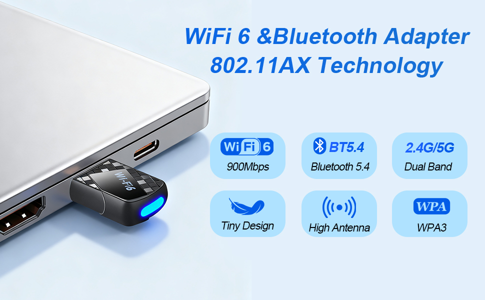USB Wi-Fi Adapter, USB WiFi 6 & Bluetooth Adapter for Laptop PC - 900Mbps Wireless Dongle, 5G/2.4GHz