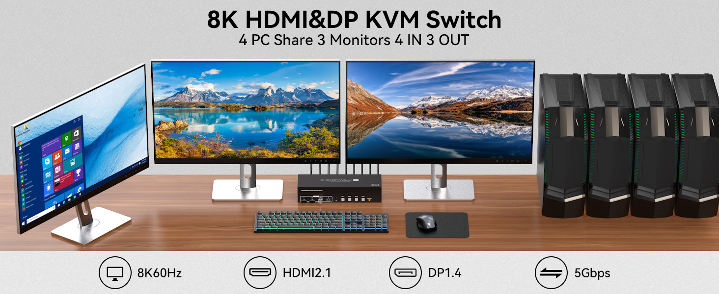 4K@144Hz HDMI + 2 Displayport KVM Switch 3 Monitors 4 Computers 8K KVM Switches