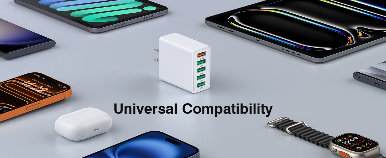 50W USB Wall Charger Block, [2 Pack] 5-Port Charger Fast Charging Block QC 3.0 Multiport Box Brick