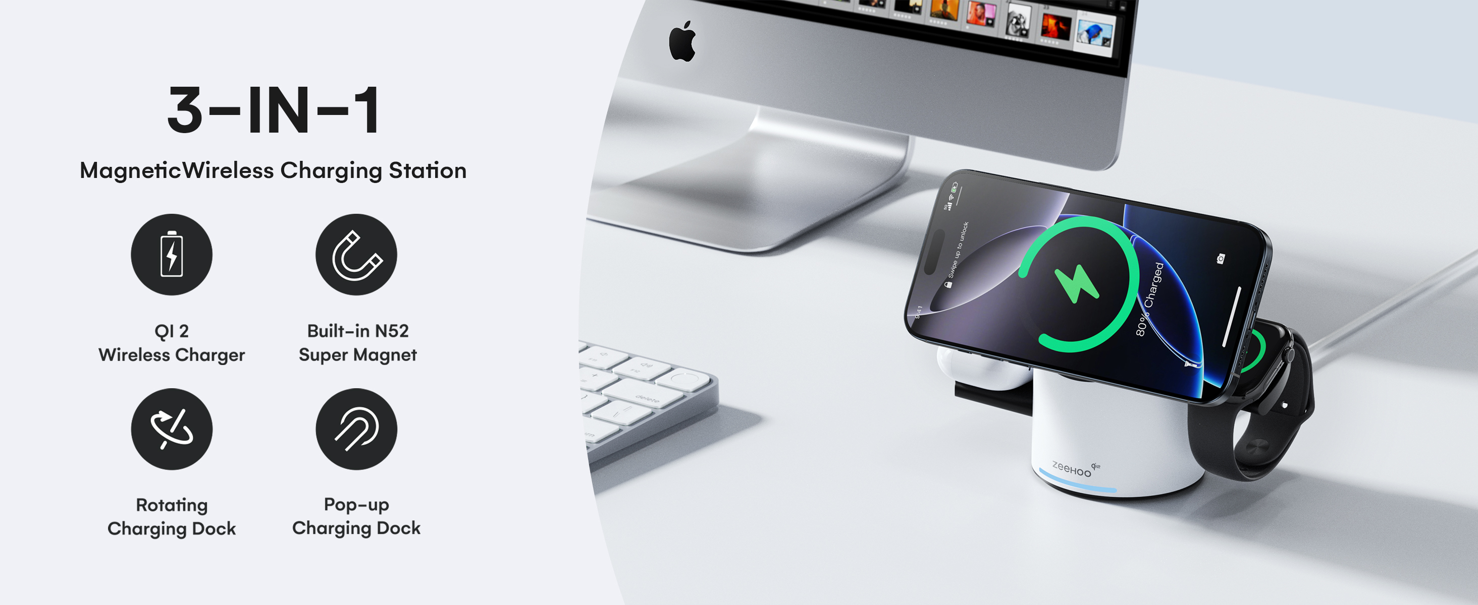 ZEEHOO, 3-in-1 Wireless Charging Station, CylinTrick-R, 15W Qi2 Fast Charge