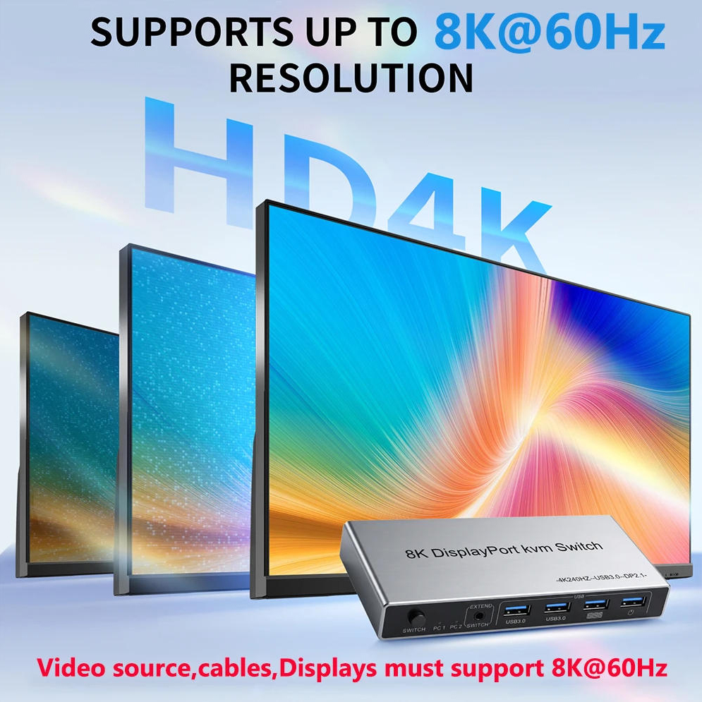 2 Ports 8K@60Hz Displayport KVM Switch 2 Computers One Monitor, 4K@144Hz 2-Port DP USB KVM Switches,
