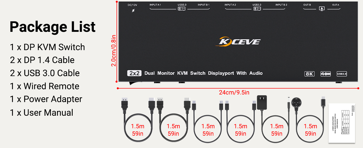 DP KVM Switch 2 Monitors 2 Computers Displayport with Audio, 8K@30Hz 4K@144Hz USB 3.0 Dual Monitor D