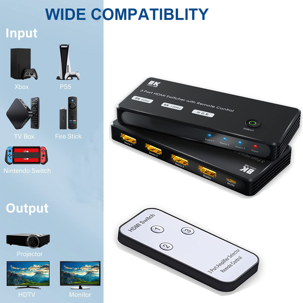 HDMI 2.1 Switch 8K Bi-Directional Splitter 8K@60Hz 4K@120Hz 1440p@165Hz  1080P@240Hz 1in 2out 2in 1out High Speed 48Gbps eARC Converter Compatible  with
