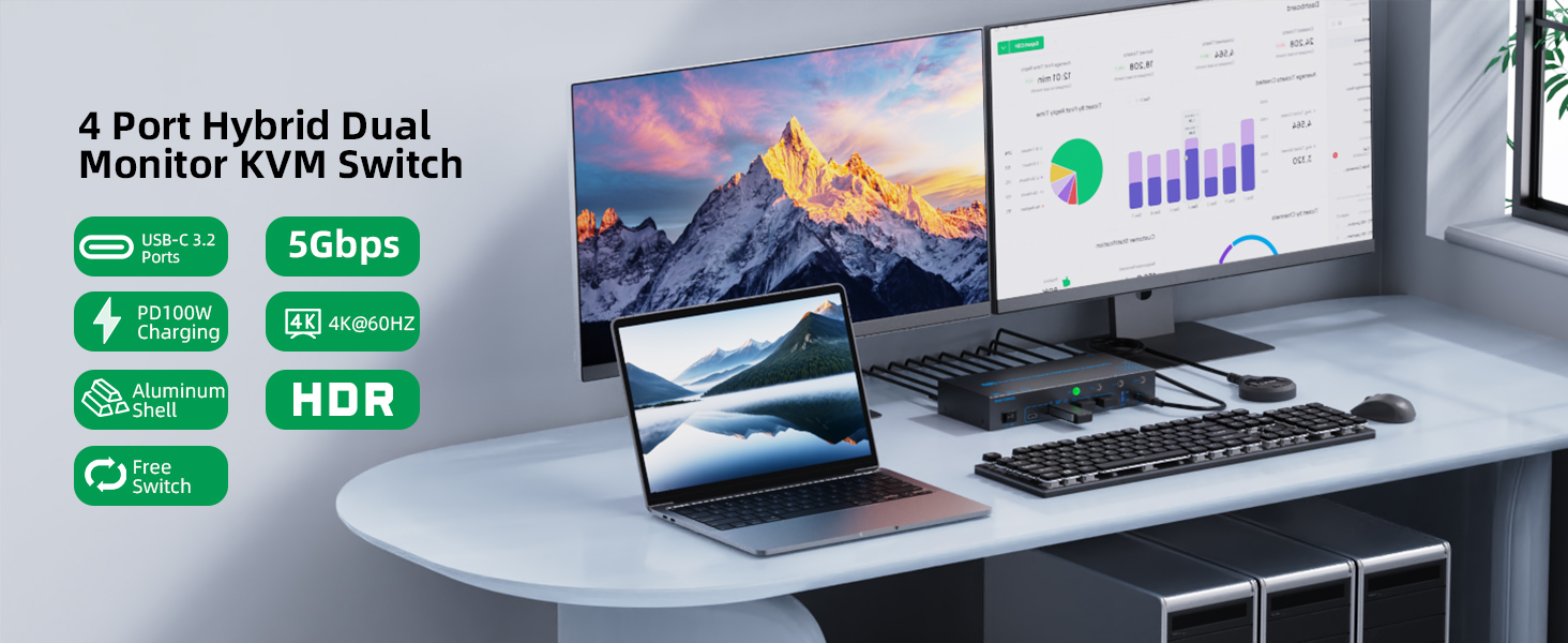 2 Monitors 4 Computers 4 Port Hybrid USB-C Docking Laptop & Desktop KVM Switch