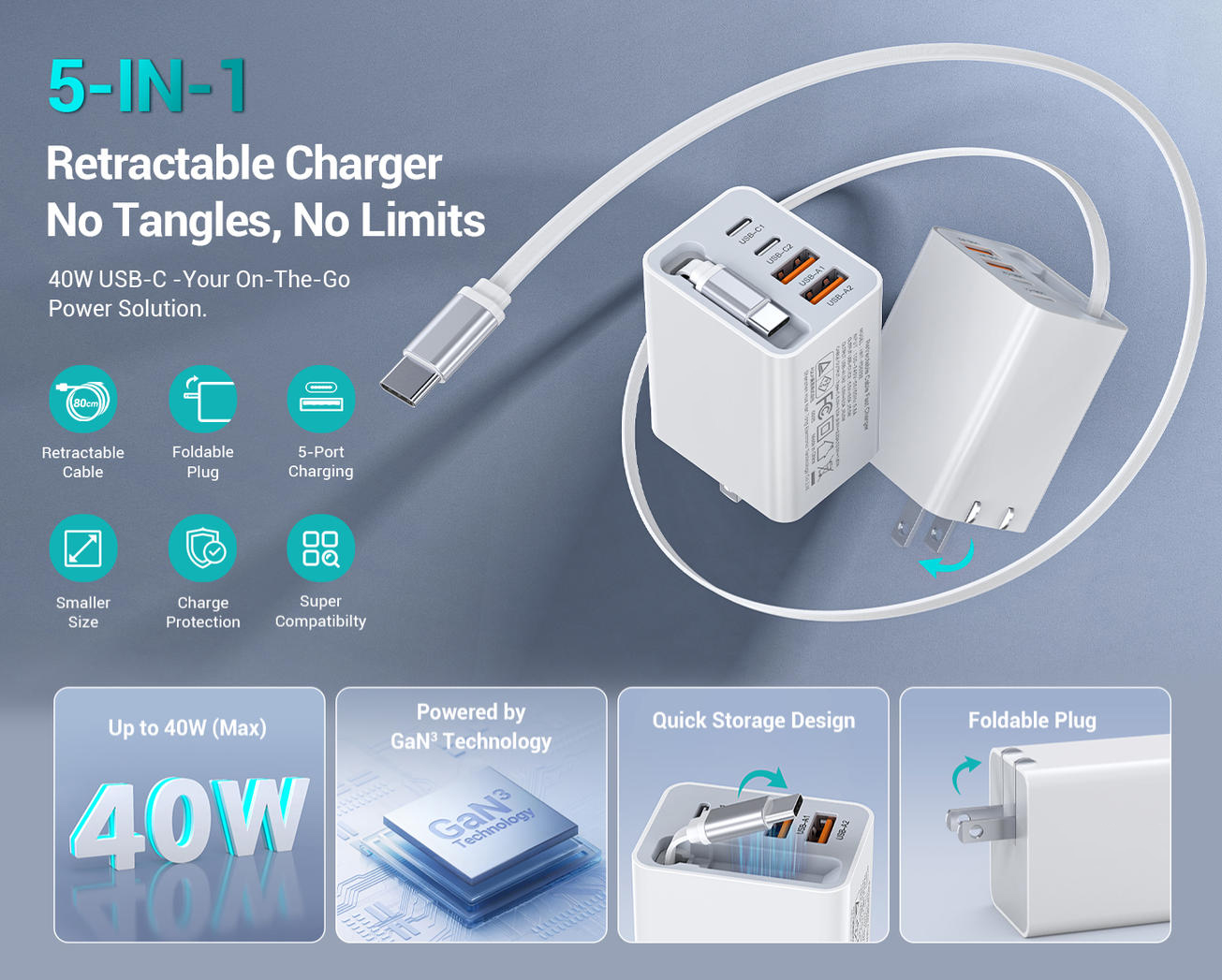 40W Retractable Charger, 4 Port Travel Essentials Multiport, 5-in-1 PD Wall Charger Block