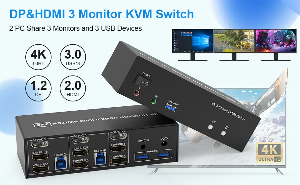 Hitoor KVM Switch 3 Monitors 2 Computers 4K@60Hz, 2 HDMI + Displayport KVM Switch Triple Monitor for