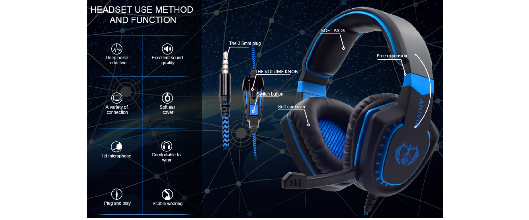 Wired gaming headset, 3.5mm plug, volume control, soft ear cushion