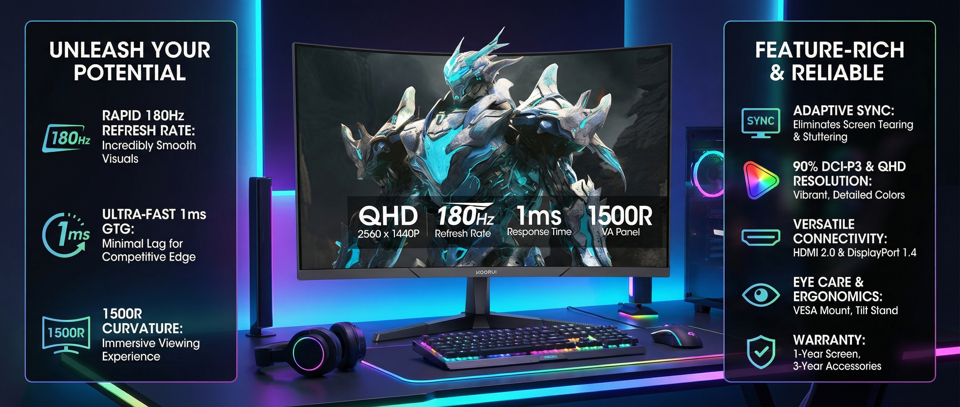 KOORUI 27 inch Curved Gaming Monitor 2K 180Hz QHD