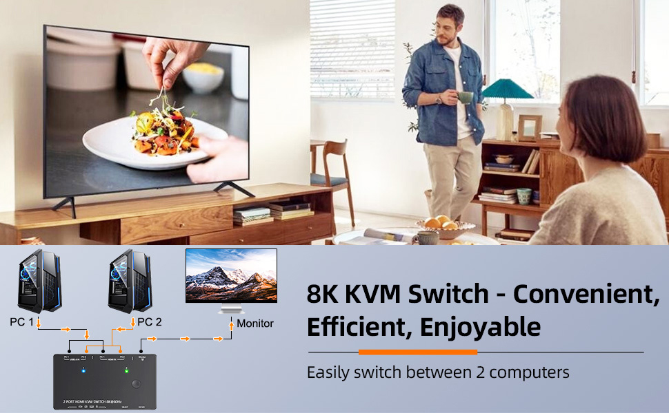8K HDMI2.1 KVM Switch 2 Port - 2 computers Share 1 Monitor and 3 USB3.0 devices