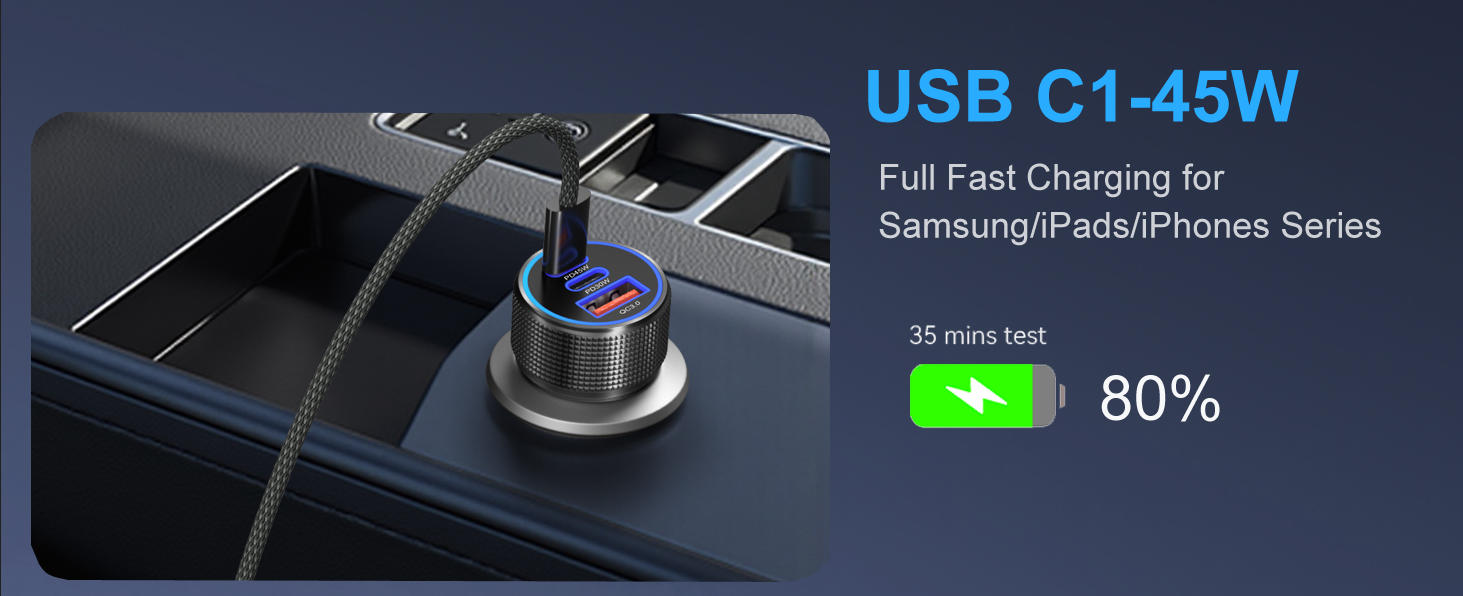 93W Car Charger USB C Fast Charge, PD45W/PD30W 3 Ports Fast Car Phone Charger|Dual USB-C & USB-A Fas
