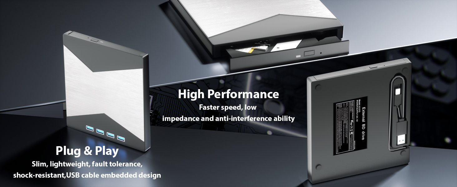 External Blu Ray Drive, 4K Portable Blu Ray Burner USB 3.0 Type-C UHD BD Player with SD/TF Port